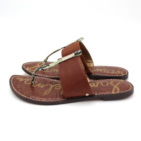 Sam Edelman Kaye Sandals Womens 9 Brown Leather Snake Print Thong Flat Slip On - Picture 3 of 7